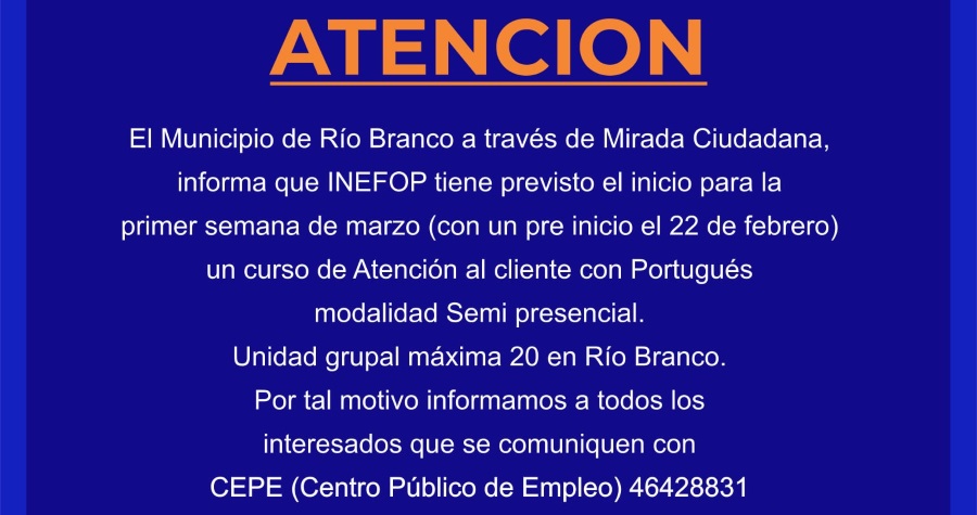 06.02.2021 Curso de Atención al Cliente con portugués de INEFOP iniciará en la primera semana de marzo